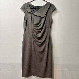 David Meister Gray Ruched Cocktail Sheath Dress 8 Asymmetrical Neckline Elegant